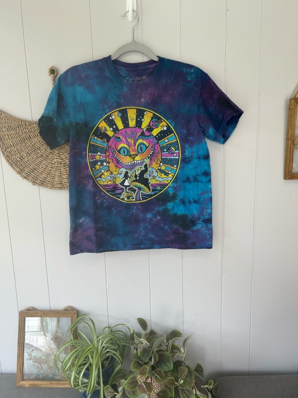 Tie-Dye Alice in Wonderland Cheshire Cat Crewneck Tee in Blue and Purple